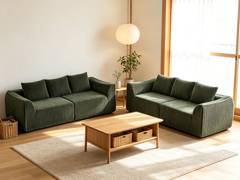  Canapé droit minimaliste en velours côtelé, lignes courbes, dossier incliné, 6 coussins, vert  - Conforama B
