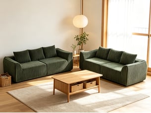 Canapé droit minimaliste en velours côtelé, lignes courbes, dossier incliné, 6 coussins, vert