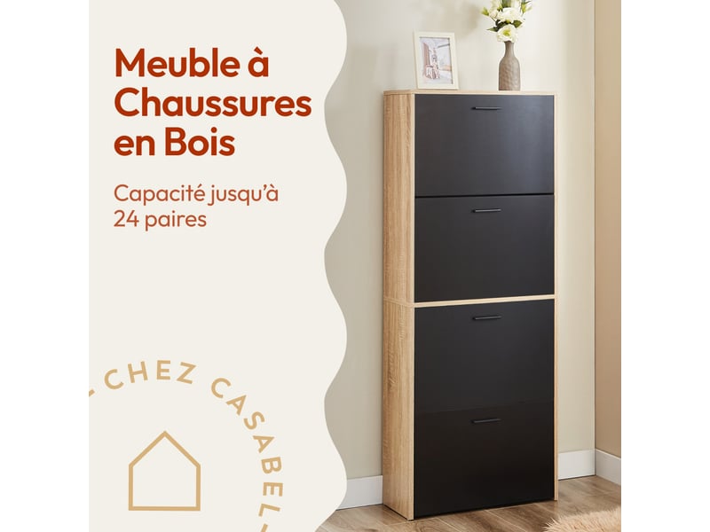  Casabel meuble à chaussures 24 paires, étagères ajustables, gain de place, portes noires et cadre bois clair 24 Paires Noir Bois Clair - Conforama C