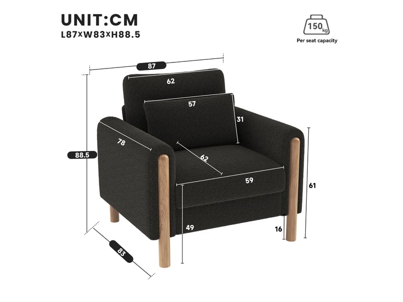  Fauteuil 1 place en tissu bouclette gris foncé avec coussin d'assise amovible  - Conforama C