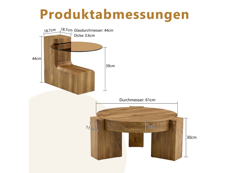  Lot de 2 tables basses rondes 61x30+44x39 cm, table d'appoint, design à 2 niveaux, pour salon, mdf et verre, naturel  - Conforama C