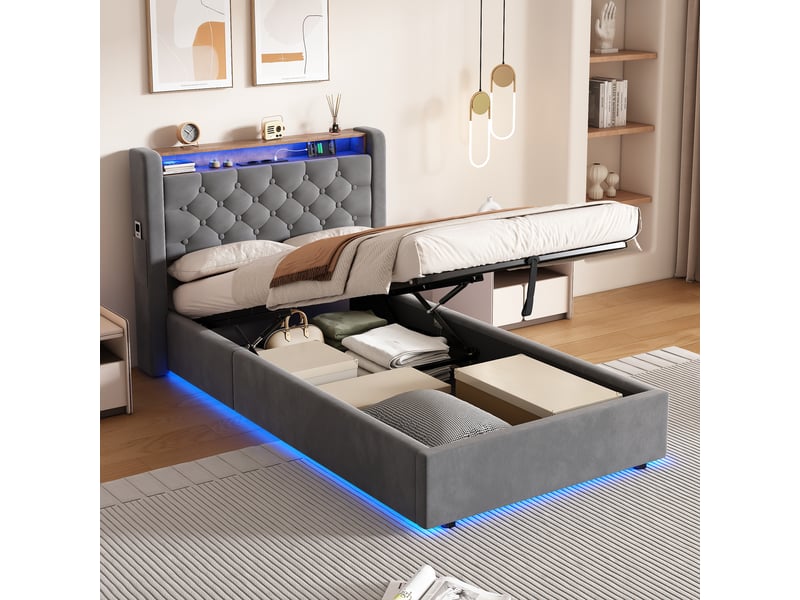 Lit simple 90 × 190 cm coffre hydraulique avec étagère, led, usb et type-c, sans matelas, velours gris - Conforama B