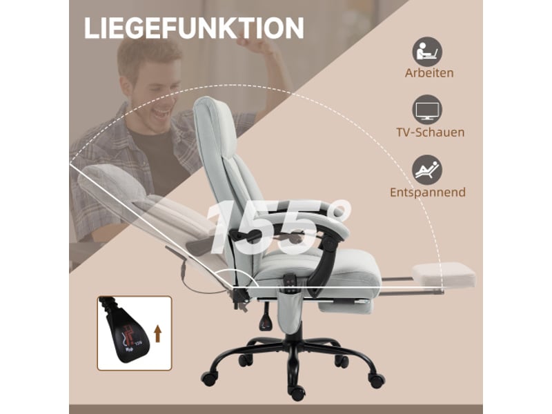  Chaise de bureau massante inclinable, repose-pieds, réglable en hauteur, gris clair, ergonomique  - Conforama D