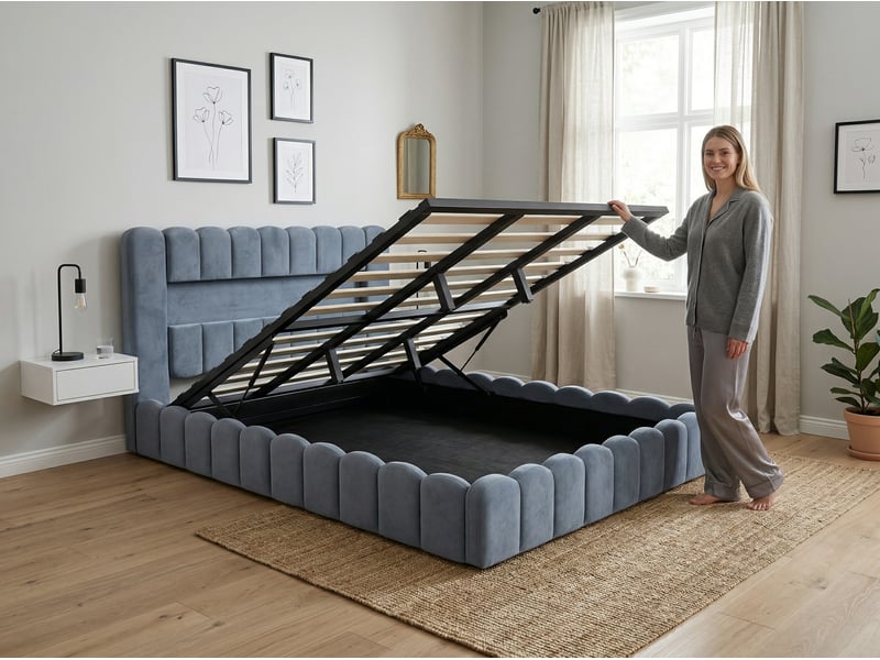  Lit coffre 180x200 cm - lit capitonné gris avec led et usb - sommier relevable - grand rangement  - Conforama E