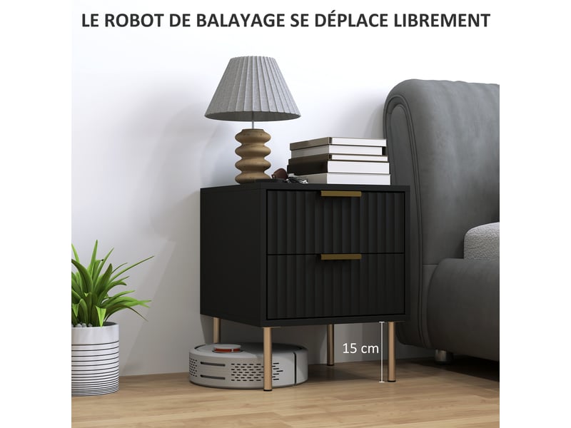  Table de chevet, table de nuit cannelée avec 2 tiroirs et pieds en acier, pour chambre à coucher, noir, salon  - Conforama R