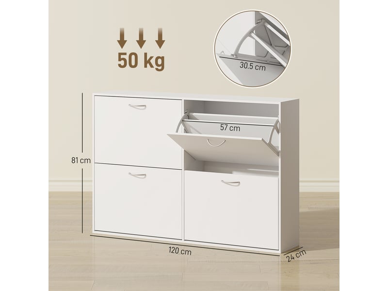  Meuble à chaussures gain de place en bois pour 16 à 24 paires avec 4 tiroirs rabattables dimensions 120x24x81 cm en blanc  - Conforama C