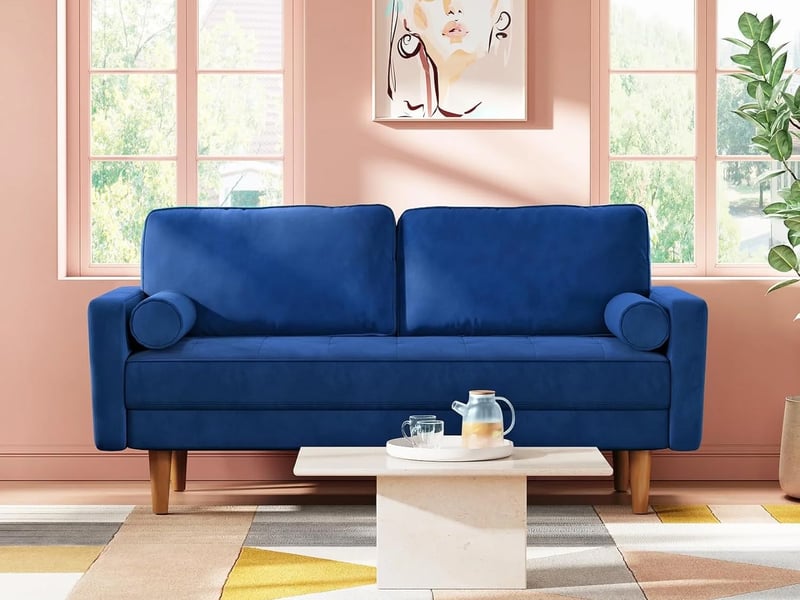  Canapé droit 2 places en velours moderne,canapé à bras roulés,loveseat avec accoudoirs,148l x 78l x 85h cm,bleu  - Conforama B