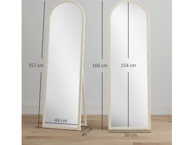 Miroir simple sur pied ou mural à cadre arqué, verre trempé antiprojection, plastique blanc 50 × 160 cm - Conforama E