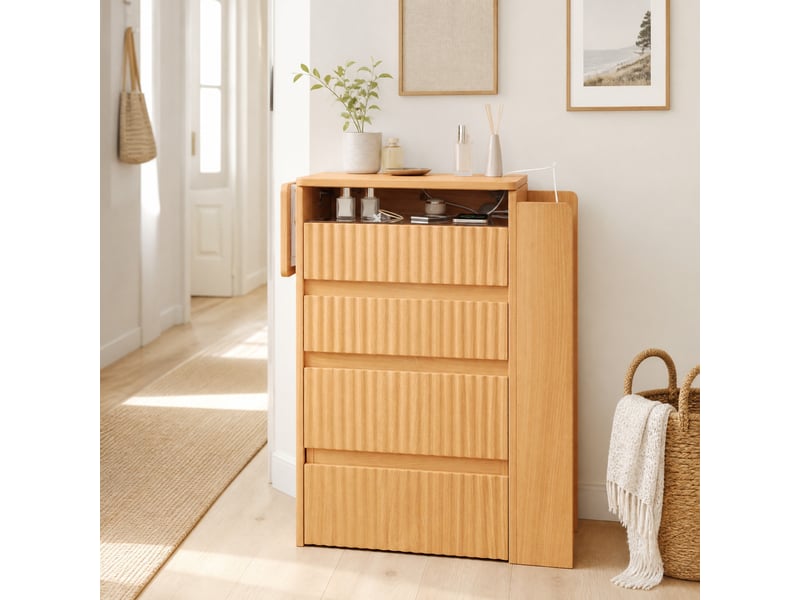  Coiffeuse naturelle avec miroir led rabattable, prises, 3 tiroirs et tabouret à roulettes 79 x 40 x 120 cm  - Conforama B