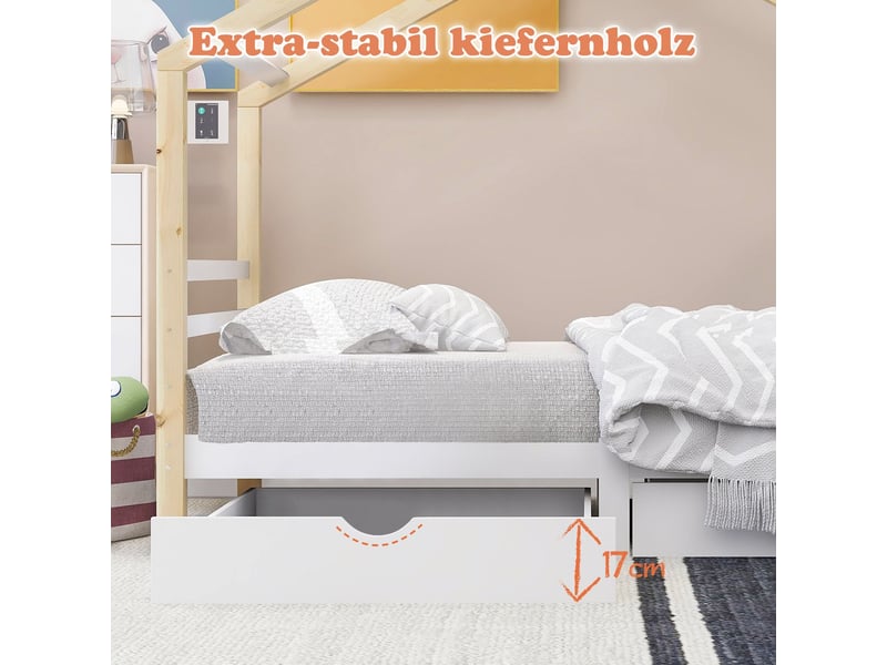  Lit cabane enfant 90x200cm - blanc et bois 2 tiroirs rangement - lit enfant - forme maison pin massif sommier inclus  - Conforama C