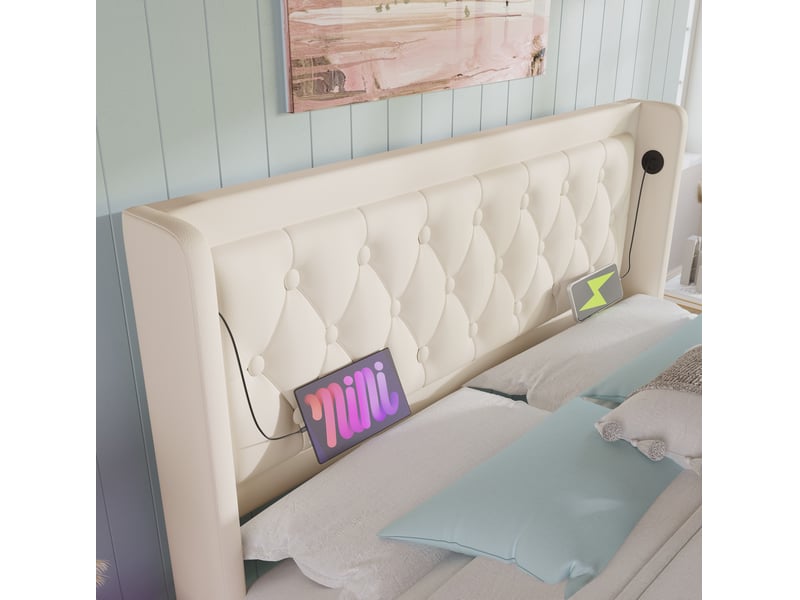  Lit coffre 140 × 200 cm 2 places avec led réglable, usb et type-c, rangement hydraulique, matelas inclus, pu blanc  - Conforama E