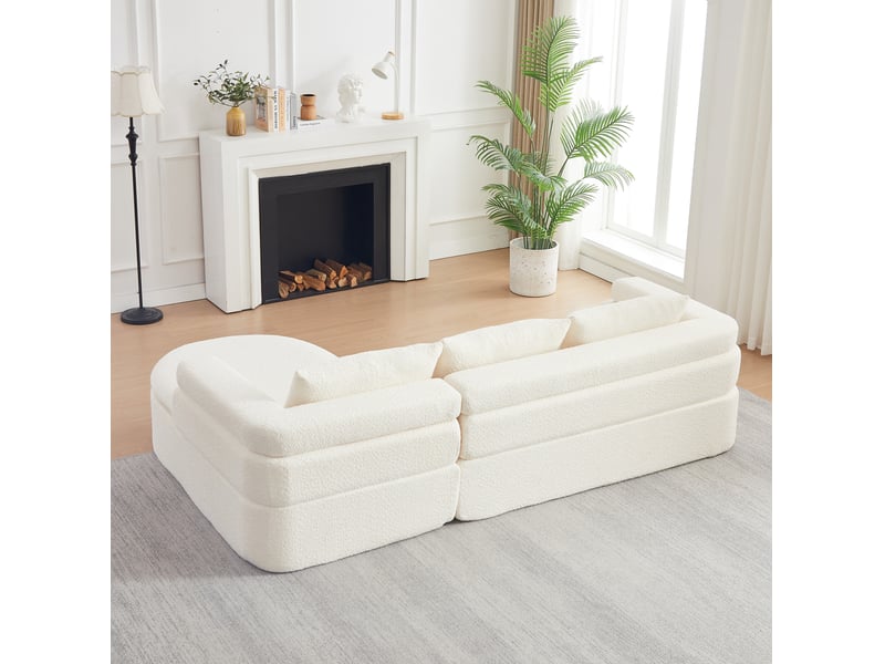  Canapé d'angle 3 places avec méridienne arrondie et coussins de dossier, en chenille beige crème, 260 × 170 × 65 cm  - Conforama E