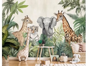 Papier peint panoramique intissé jungle animaux vert - 350x250 cm - papier peint enfant