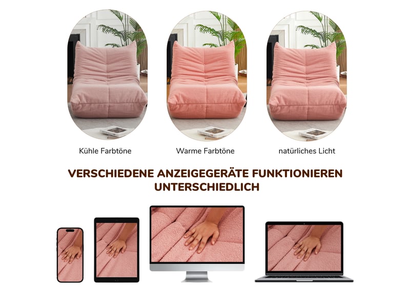  Fauteuil de sol rose en chenille, rembourré de mousse, sans accoudoirs, lounge confortable pour salon, chambre, jeux et bureau  - Conforama D