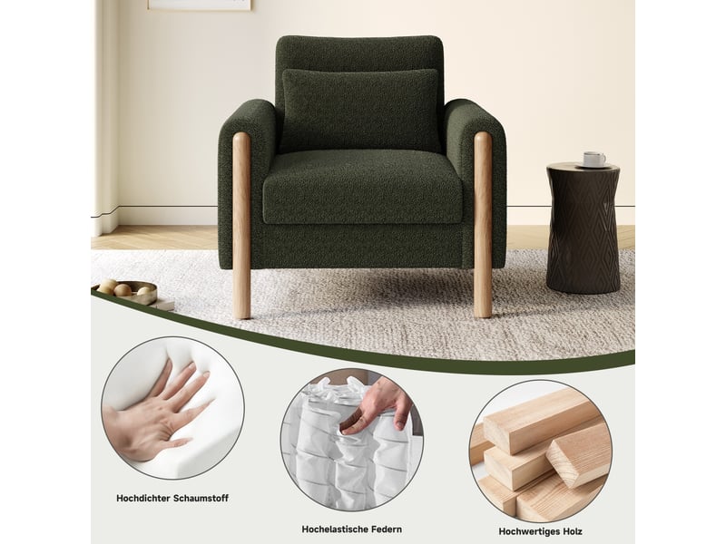  Fauteuil d'accent 87x83x88.5cm – fauteuil salon individuel avec coussin épais et oreiller lombaire – peluche – vert  - Conforama E