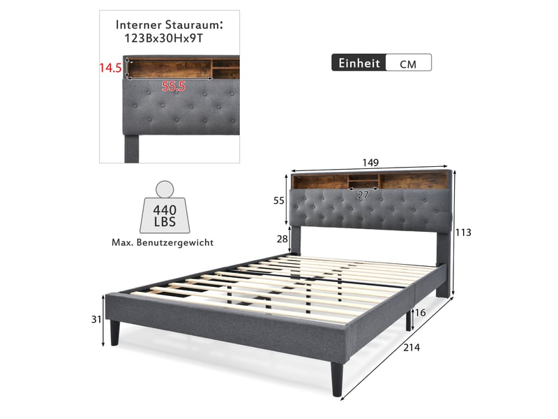  Lit double rembourré 140*200cm avec tête rangeante, led, sommier bois et matelas inclus, gris  - Conforama B