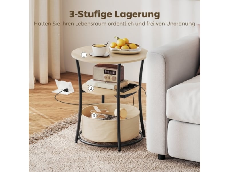  Table d’appoint 3 niveaux en bois naturel avec station de charge, rangement en tissu, 50x50x55,1 cm  - Conforama B