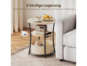 Table d’appoint 3 niveaux en bois naturel avec station de charge, rangement en tissu, 50x50x55,1 cm