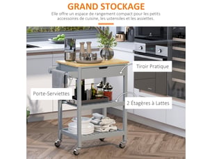 Desserte de service chariot de cuisine à roulettes 2 étagères - avec plan de travail en bois hévéa, 1 tiroir et
