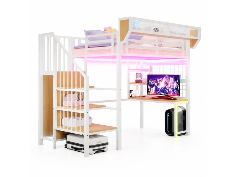  Lit mezzanine 90x200 cm avec bureau, rangements et éclairage led blanc  - Conforama A