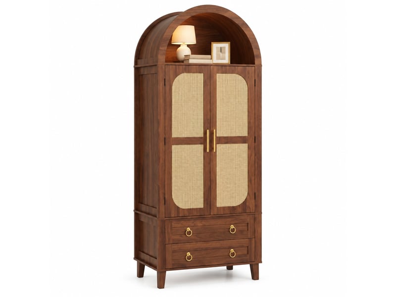  Buffet haut tcqpz 76 x 40 x 179,5 cm led réglable par application 2 portes 2 tiroirs mdf et panneaux de particules noyer  - Conforama A