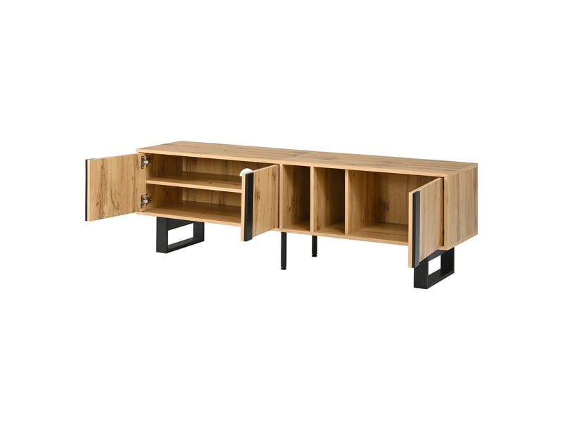 Meuble tv moderne, 3 portes, niches ouvertes, pieds métal noir, passe-câbles - Conforama E
