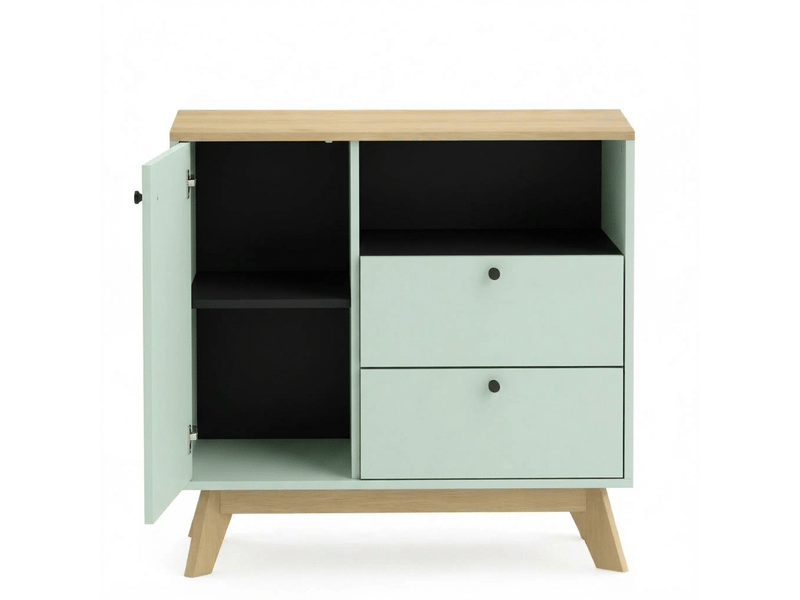  Buffet de cuisine 80 cm vert clair et chêne, 2 tiroirs, porte et étagère réglable  - Conforama A
