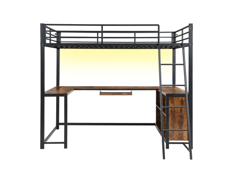  Lit mezzanine 120x200 cm avec bureau led et rangement, noir métal et décor bois, sans matelas  - Conforama R