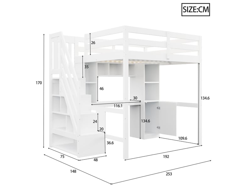  Lit mezzanine enfant 140x200 cm avec bureau, escalier avec rangement, led, prises électriques, étagères, barrières hautes, blanc Radiant Stride - Conforama C