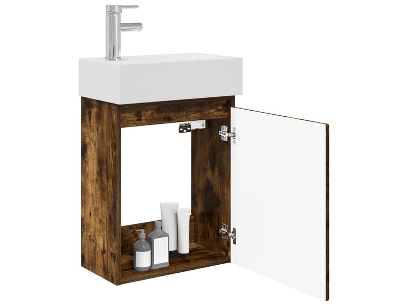  Meuble de rangement salle de bain avec robinet chêne fumé shl9922  - Conforama C