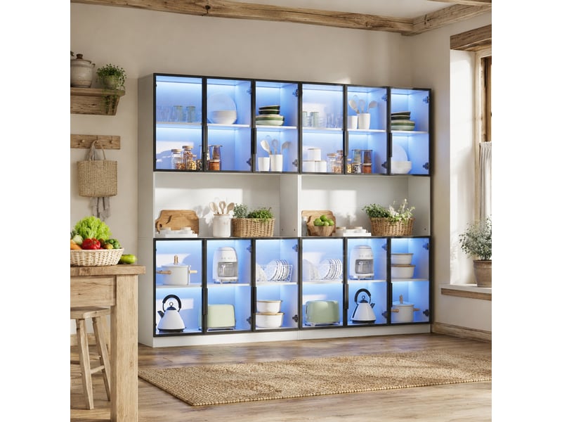  Vitrine avec 12 portes vitrées et led réglable à fermeture douce, pour salon, en mdf blanc, 240 × 34 × 200 cm  - Conforama C