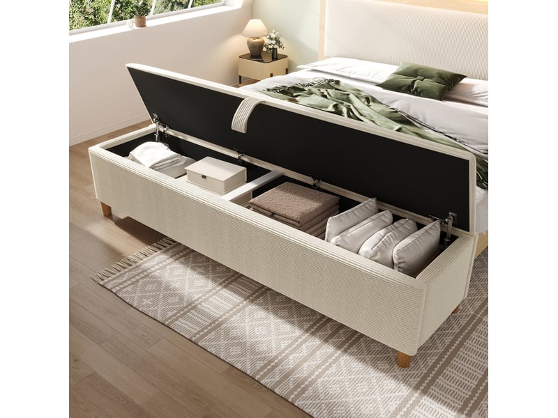  Banc de bout de lit avec rangement hydraulique 175x38x46 cm en velours côtelé beige  - Conforama C