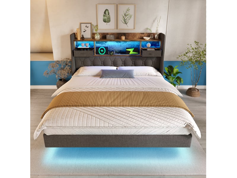  Lit double 180x200 cm avec sommier, led, rangement et ports usbtype-c, gris  - Conforama E