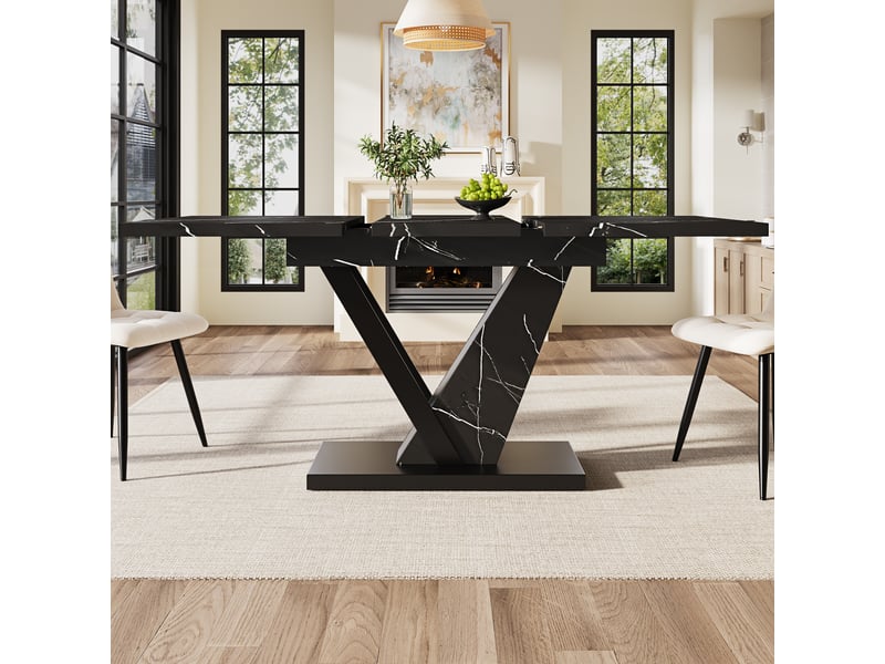  Table à manger extensible 120160x75 cm, 4-6 personnes, rallonge intégrée, plateau effet marbre, pieds métal - noir  - Conforama C