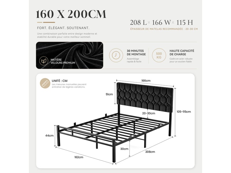  Lit 160x200 cm avec sommier à lattes, cadre de lit métallique rembourré avec tête de lit réglable, 32 cm d'espace de rangement sous le lit, lit double, noir  - Conforama E