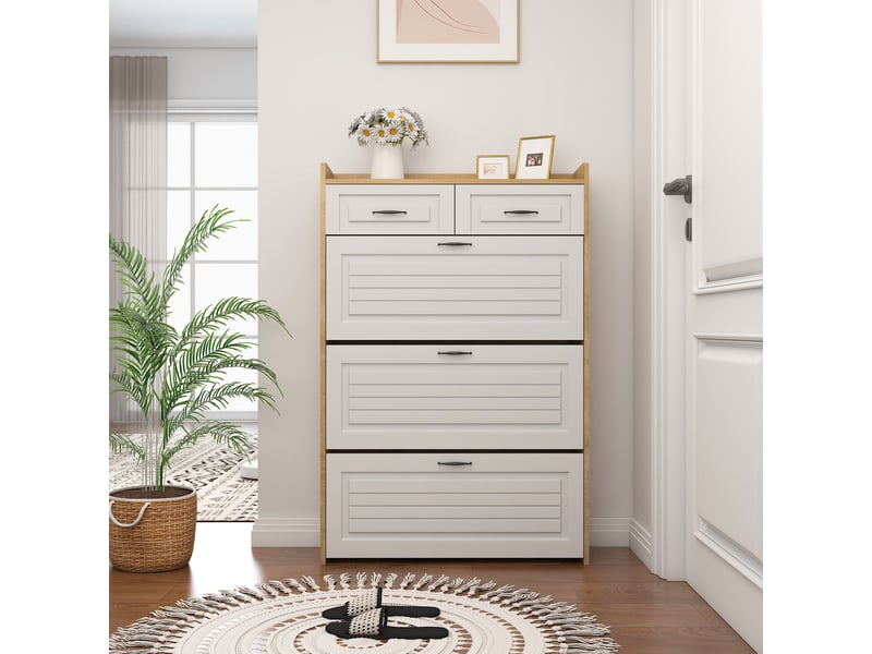  Meuble à chaussures 3 portes pivotantes et 2 tiroirs - blanc et naturel, l80 x p23,5 x h131 cm, rayofi (n657p28633233n) N657P28633233N - Conforama W