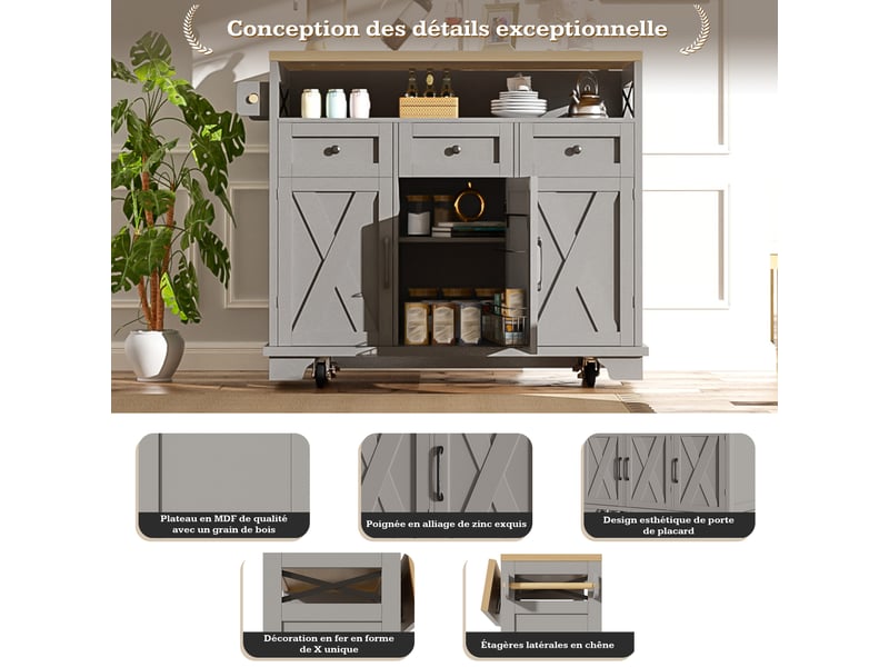 Îlot de cuisine,118x43x98 cm,avec plateau rabattable,mdf et métal,gris - Conforama E