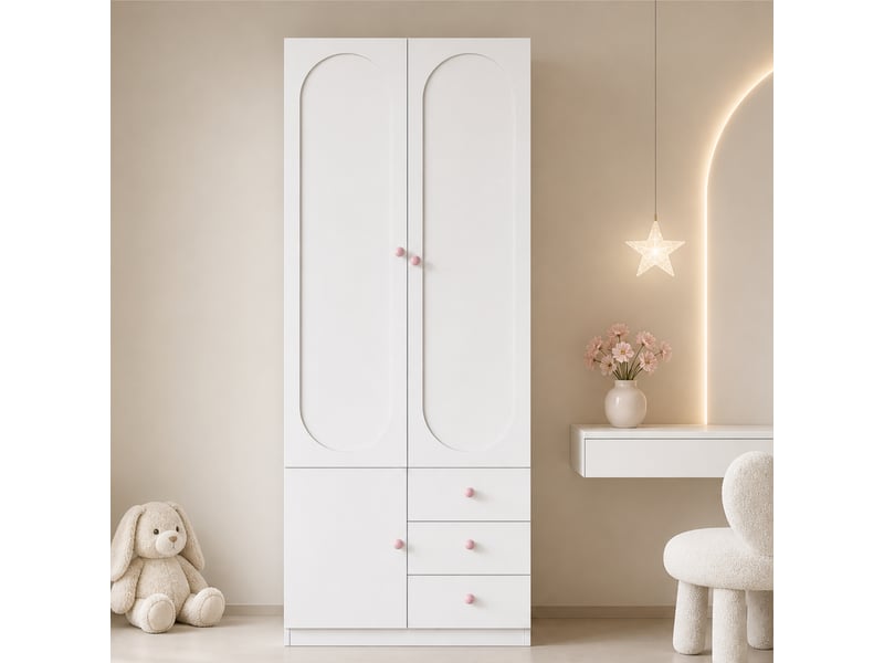  Armoire enfant 80x50x200 cm avec 2 portes, 3 tiroirs et penderie, dressing enfant avec rangement pour chambre bébé et enfant - blanc  - Conforama C