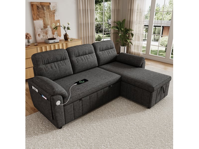  Canapé d’angle convertible 208x131x88 cm avec rangement gris  - Conforama E
