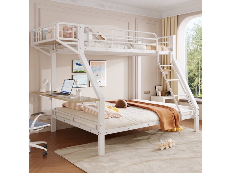 Lit superposé enfant 3 places 90x200140x200 cm avec bureau intégré, niche ouverte, garde-corps, échelle, structure métal et mdf blanc - Conforama B