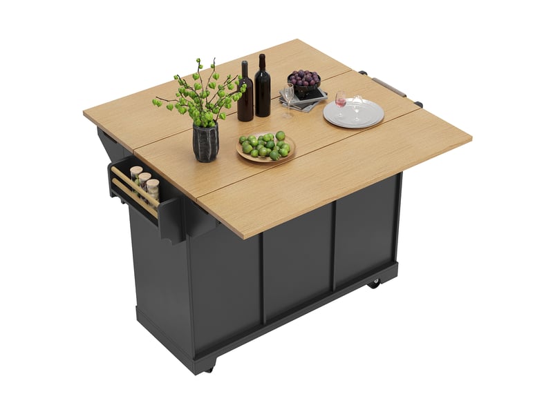  Îlot de cuisine 142,5x40(80)x95 cm avec 3 tiroirs et roulettes, bois et noir  - Conforama E