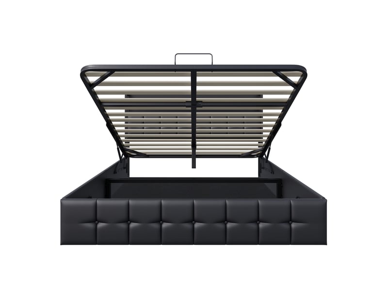 Lit double coffre - 140 x 190 cm-noir - en similicuir pu, avec tête de lit de rangement, éclairage led, prises et vérins hydrauliques - Conforama D