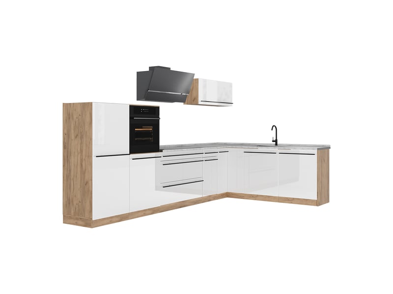  Vicco cuisine en angle, blanc haute brillancechêne doré, 347 x cm plan de travail marbre  - Conforama A