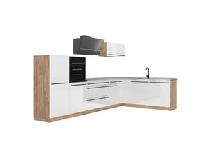 Vicco cuisine en angle, blanc haute brillancechêne doré, 347 x cm plan de travail marbre