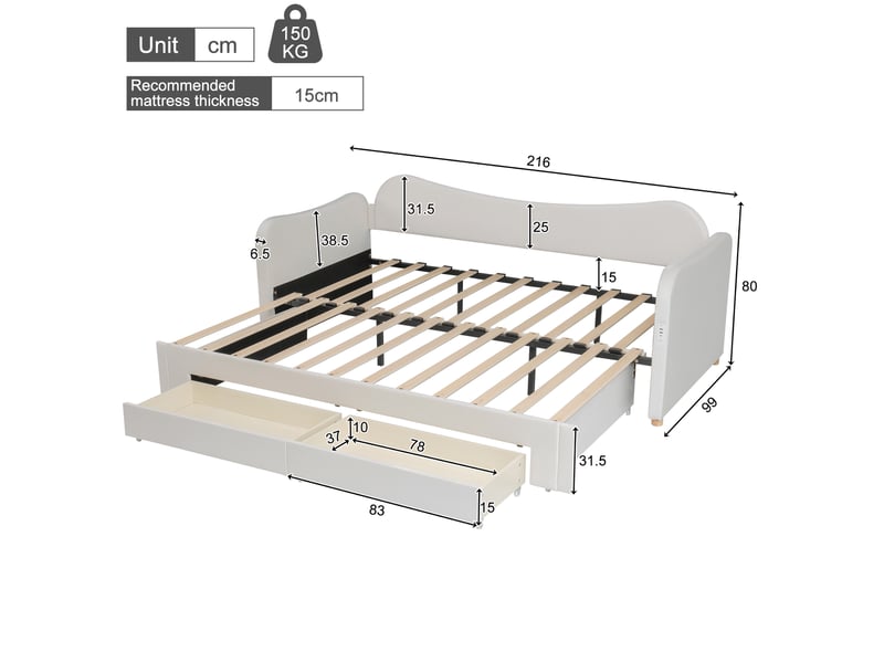  Couchage gigogne, 90x200 cm, lit banquette, tête de lit, recharge, matelas non inclus, tissu et velours, coloris beige  - Conforama C