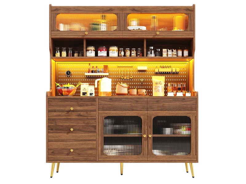  Meuble tv haut 145x39x171 cm couleur noyer, mdf métal et verre, rangement avec led et app  - Conforama A