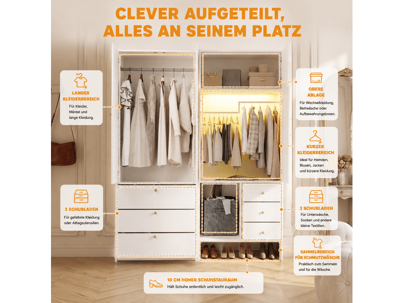  Armoire penderie 180x50x200 cm avec led et 6 tiroirs blanc  - Conforama E