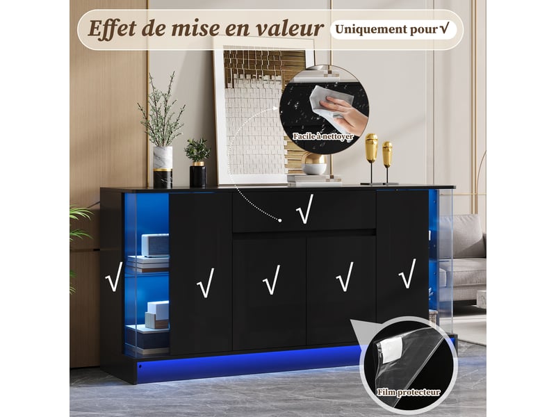  Buffet de rangement 150x40x75 cm, éclairage led, portes battantes, tiroir, éléments vitrés pour salon et salle à manger - noir GL8834S - Conforama E