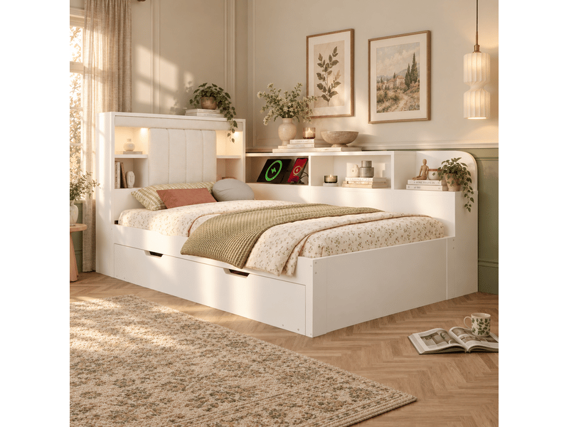  Lit gigogne 90x200 cm avec rangements, liseuses et ports usb, blanc  - Conforama D