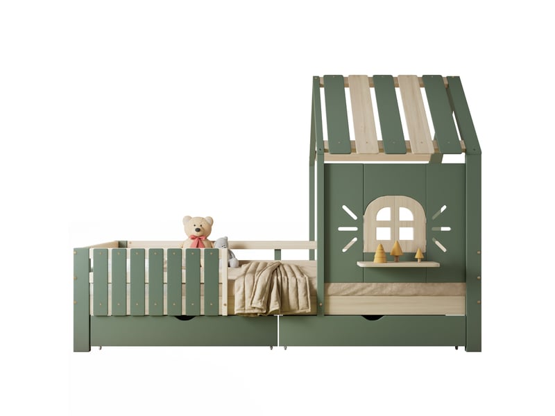  Lit enfant cabane avec toit, fenêtre et 2 tiroirs 90x200 cm vert et naturel  - Conforama A